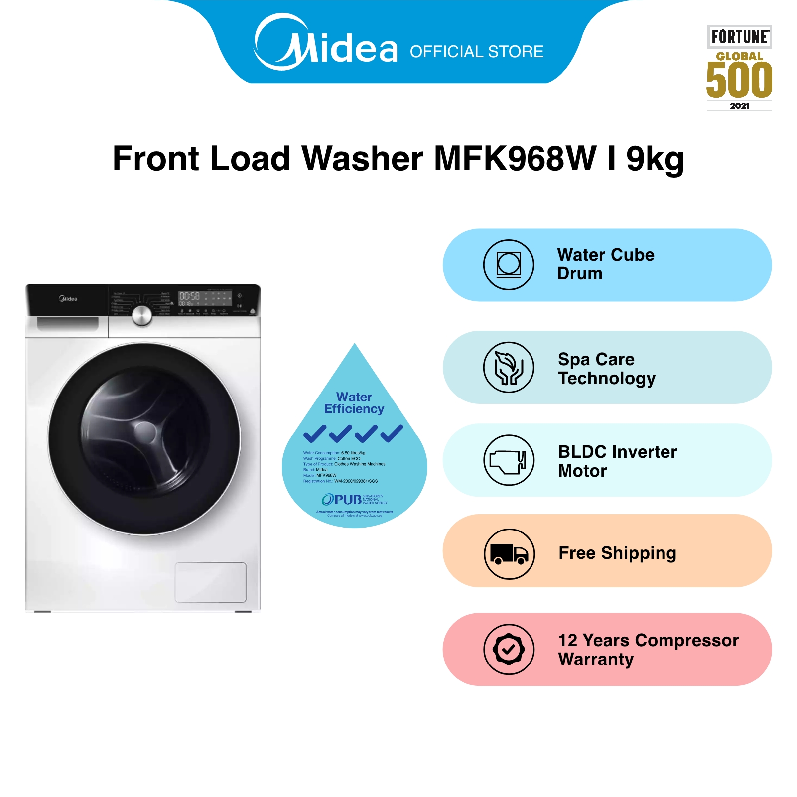 [Bulky] Midea MFK968W White Front Load Washing Machine, 9kg, Water Efficiency 4 Ticks